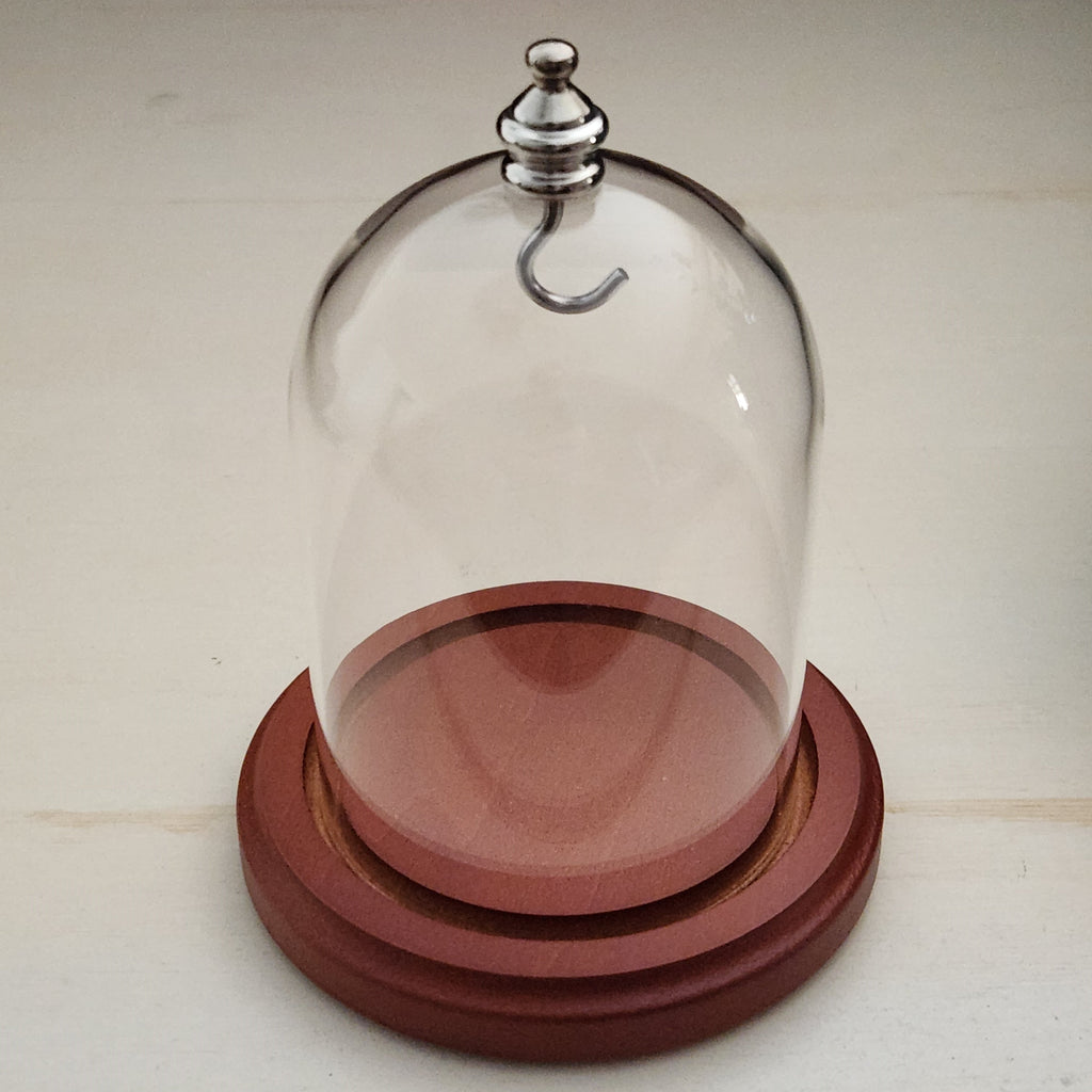 Pocket Watch Glass Display Dome Cloche Silver Knob & Hook Walnut Stained Base 3"x4"