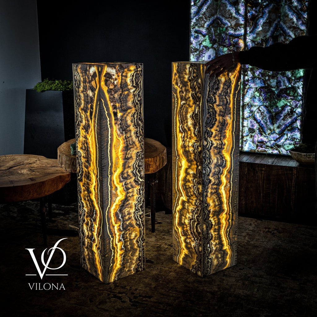 Golden Cloud Onyx Floor Lamp - Exotic - Pair - Medium - 51"H x 12"W - Square - #1