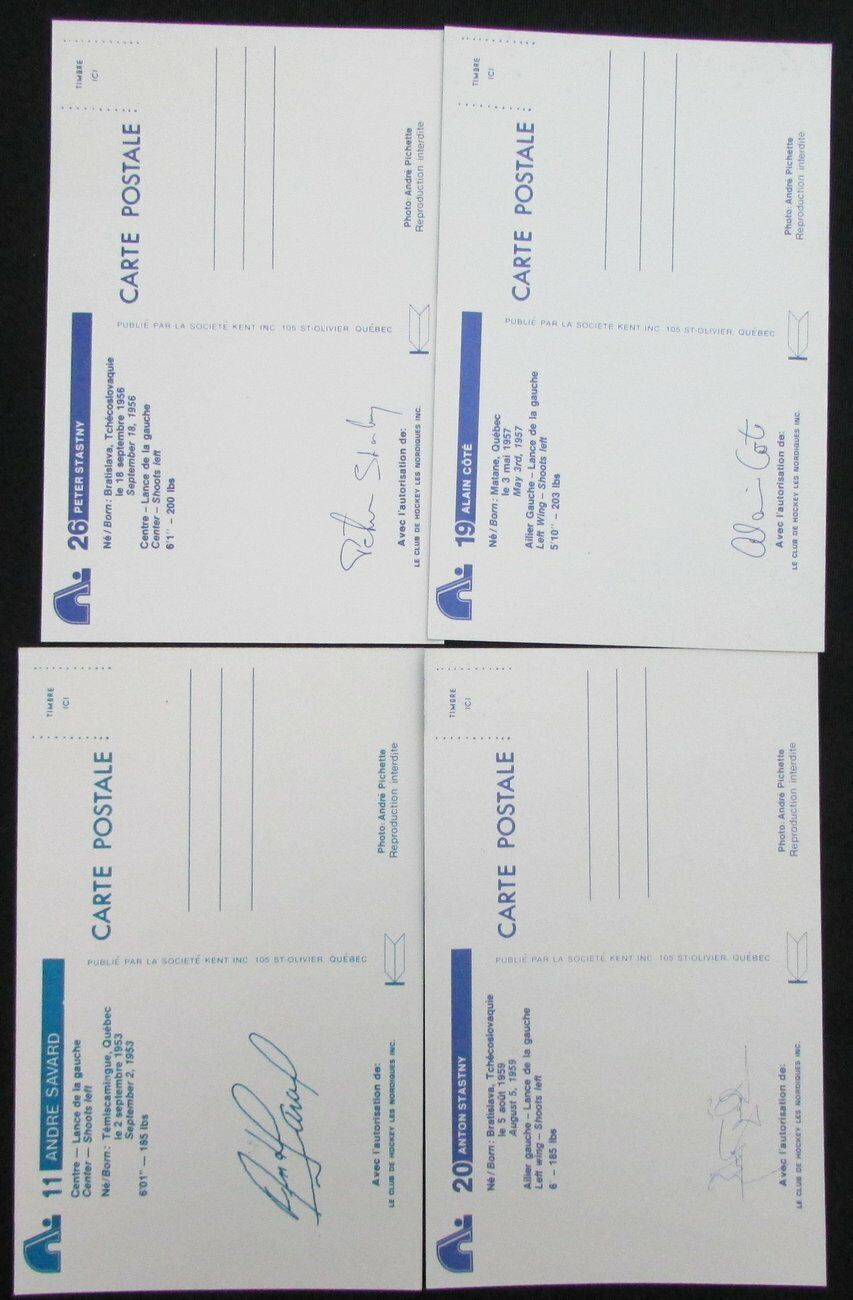 Lot of 4 Quebec Nordiques Signed 3.5x5.5 Team  Postcard incl. Savard 150468