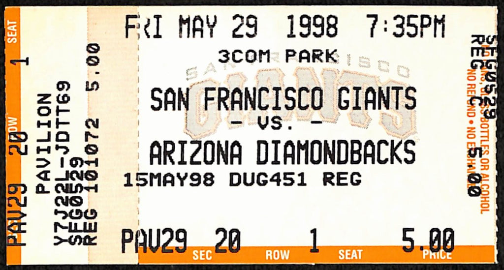 Barry Bonds HR #14 Ticket Stub Giants v Diamondbacks 5/29/1998 187533