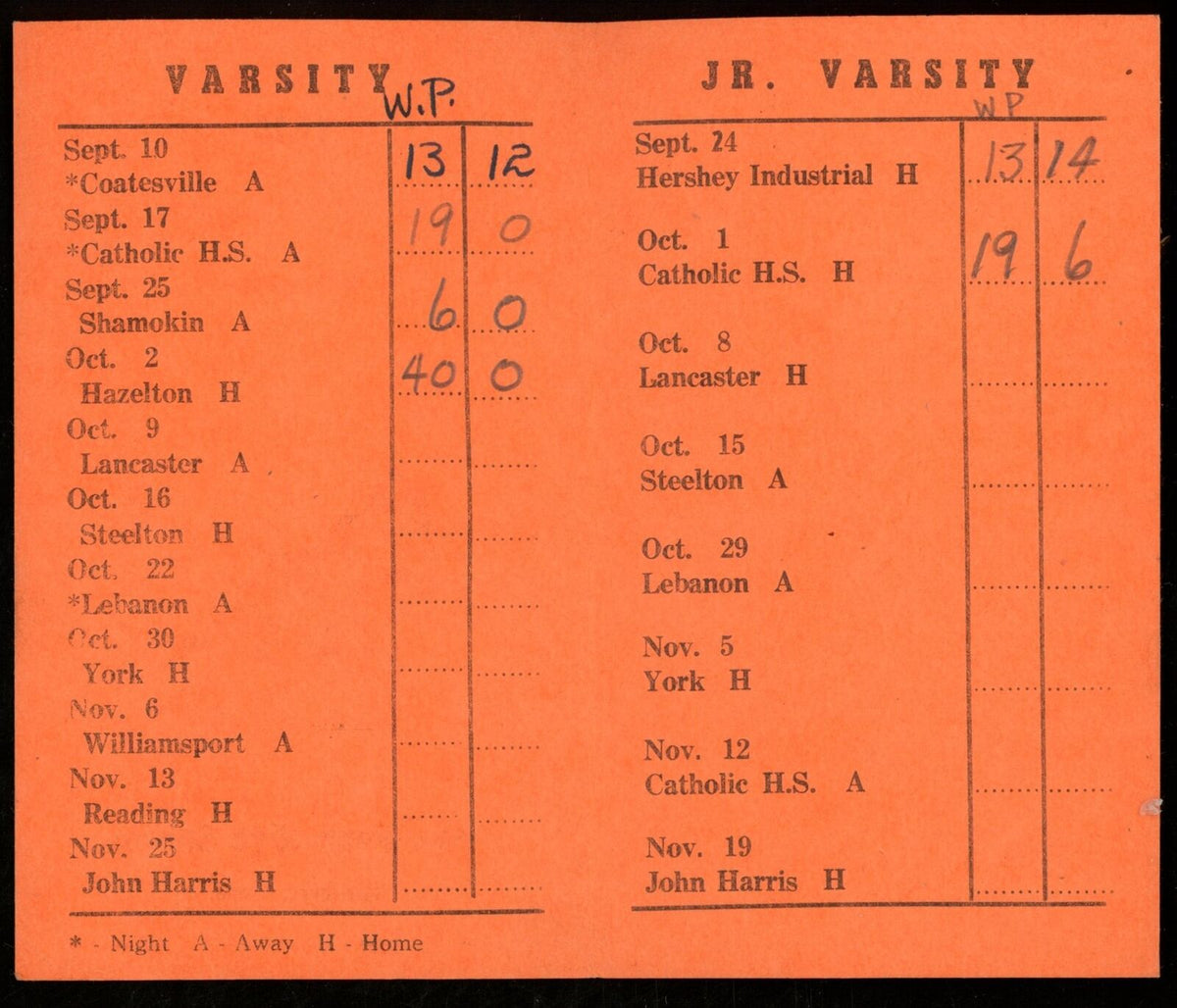 1948 William Penn High School Football 2.5x4.25 Pocket Schedule Harrisburg, PA