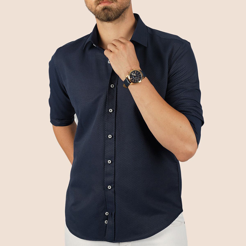 Diamond Patterned Button-Up Shirt // Navy