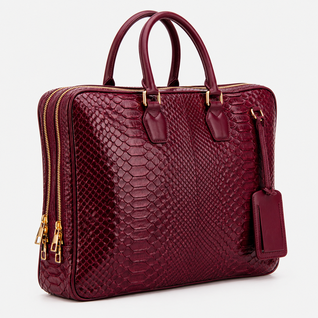 The Cortona Burgundy Python Leather Men’s Laptop Briefcase