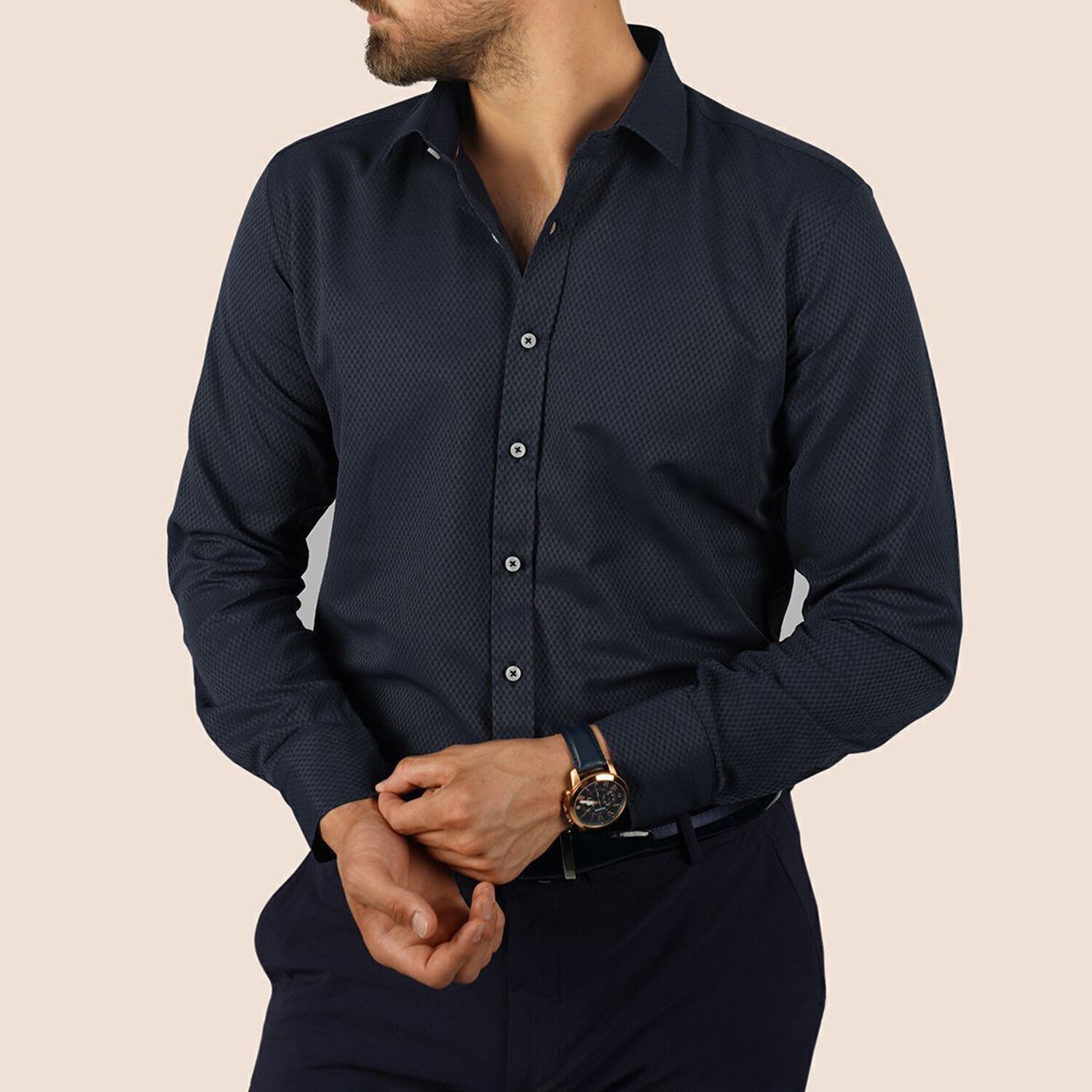 Diamond Patterned Button-Up Shirt // Navy