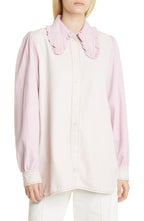 Ganni Cutline Frill Collar Overdyed Denim Shirt Light Lilac Size 2 US