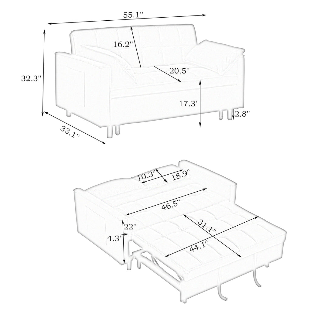 Sofa Bed With Pockets, 3 In 1 Convertible