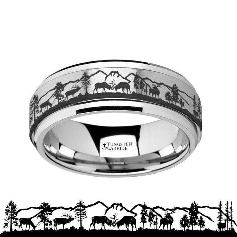 OZARK Spinning Engraved Elk Deer Stag Mountain Range Tungsten Carbide Spinner Wedding Band - 8mm