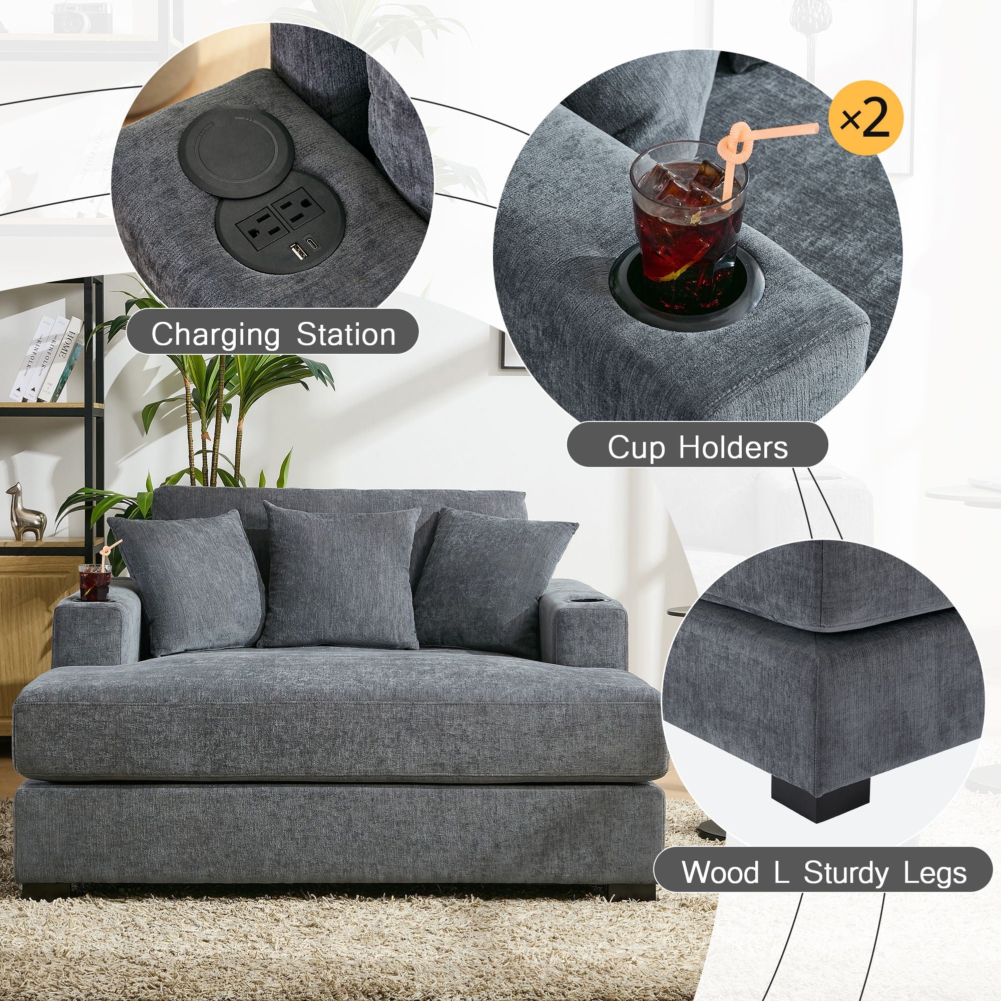 Oversized Chaise Lounger, With Pillows, Cup Holders