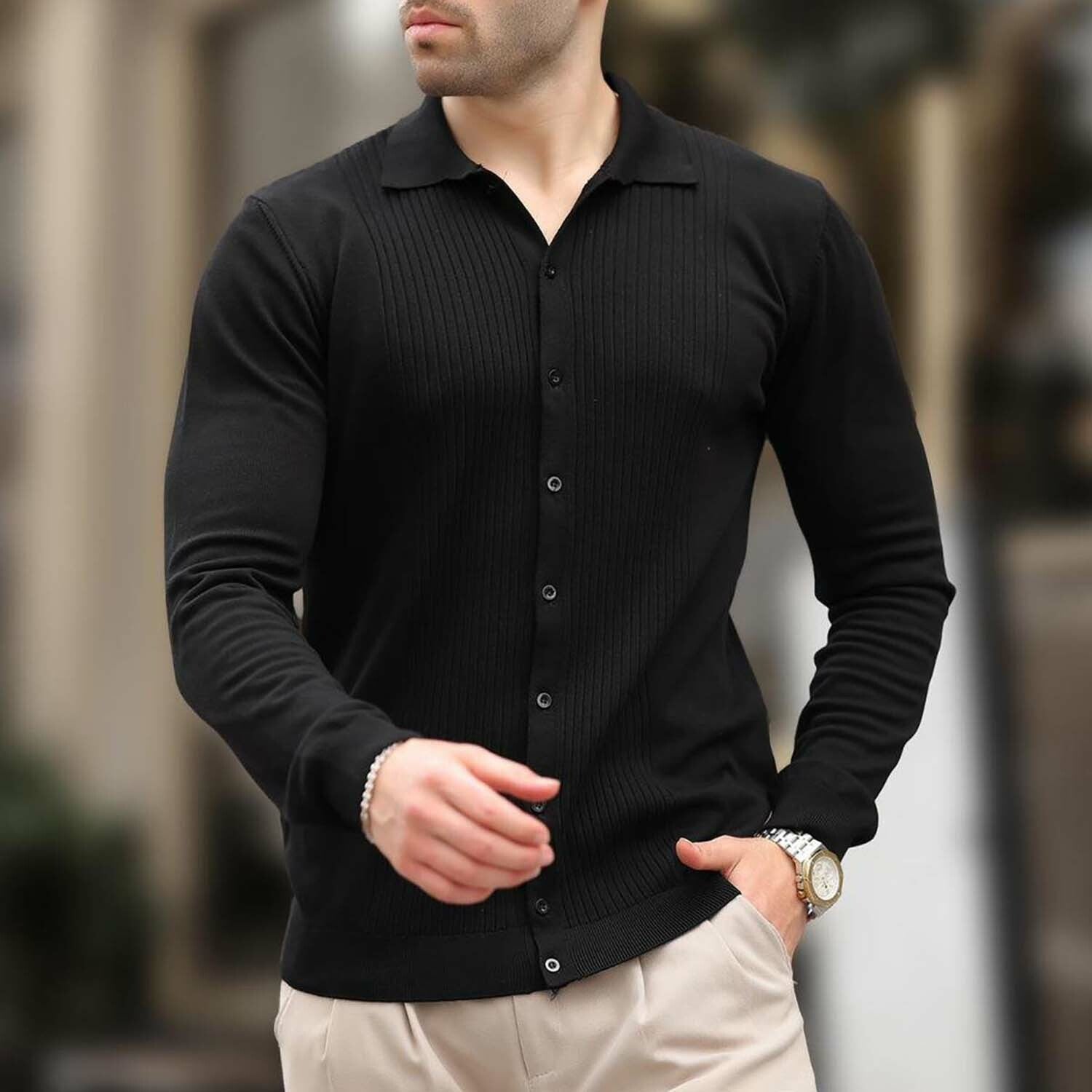 Button-Up Rib Knit Chest Sweater // Black