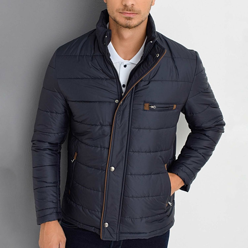 Mock Neck Striped Quilted Jacket // Dark Blue