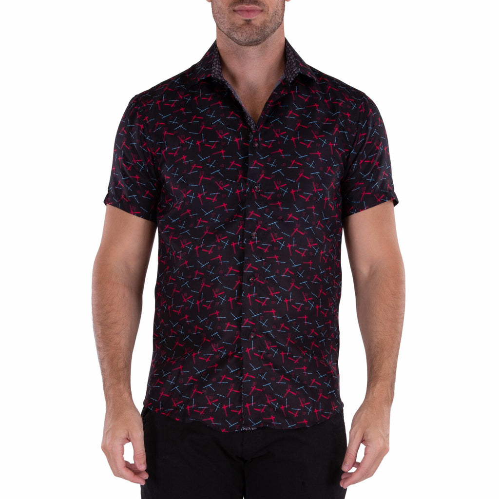 Patterned Short Sleeve Button Up Shirt // Black