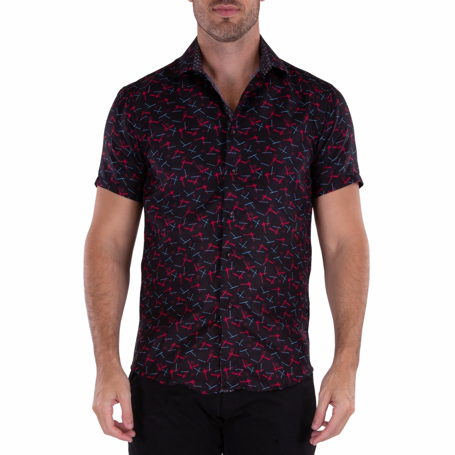 Patterned Short Sleeve Button Up Shirt // Black