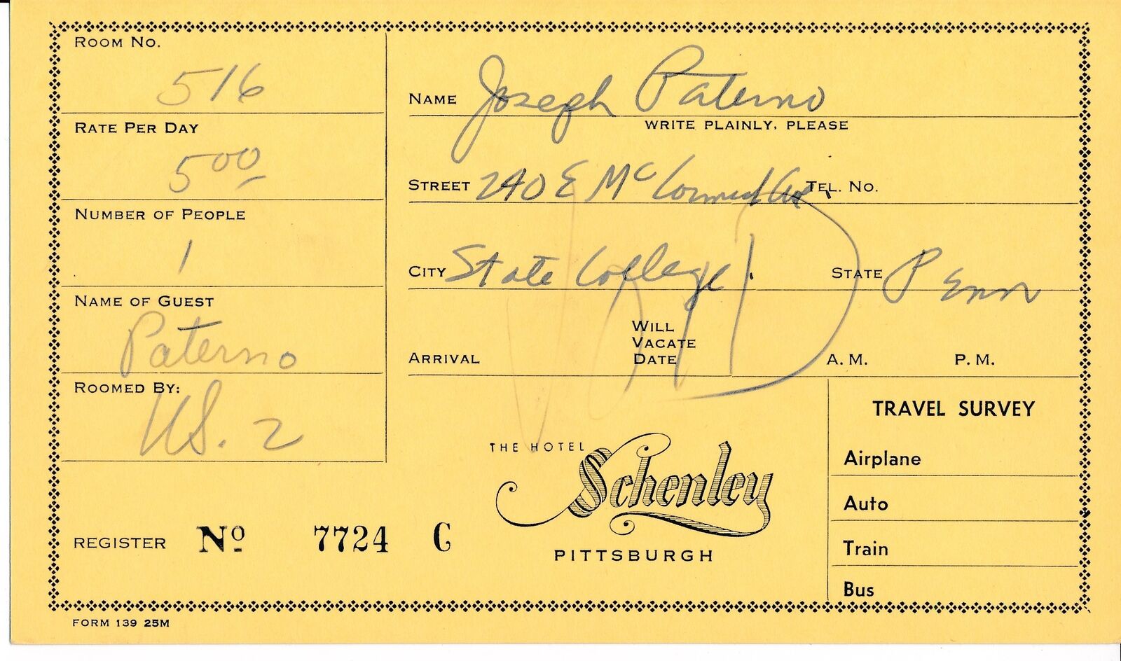 Joe Paterno 1950's Penn State Signed Hotel Schenley Register Card PSA/DNA 163691
