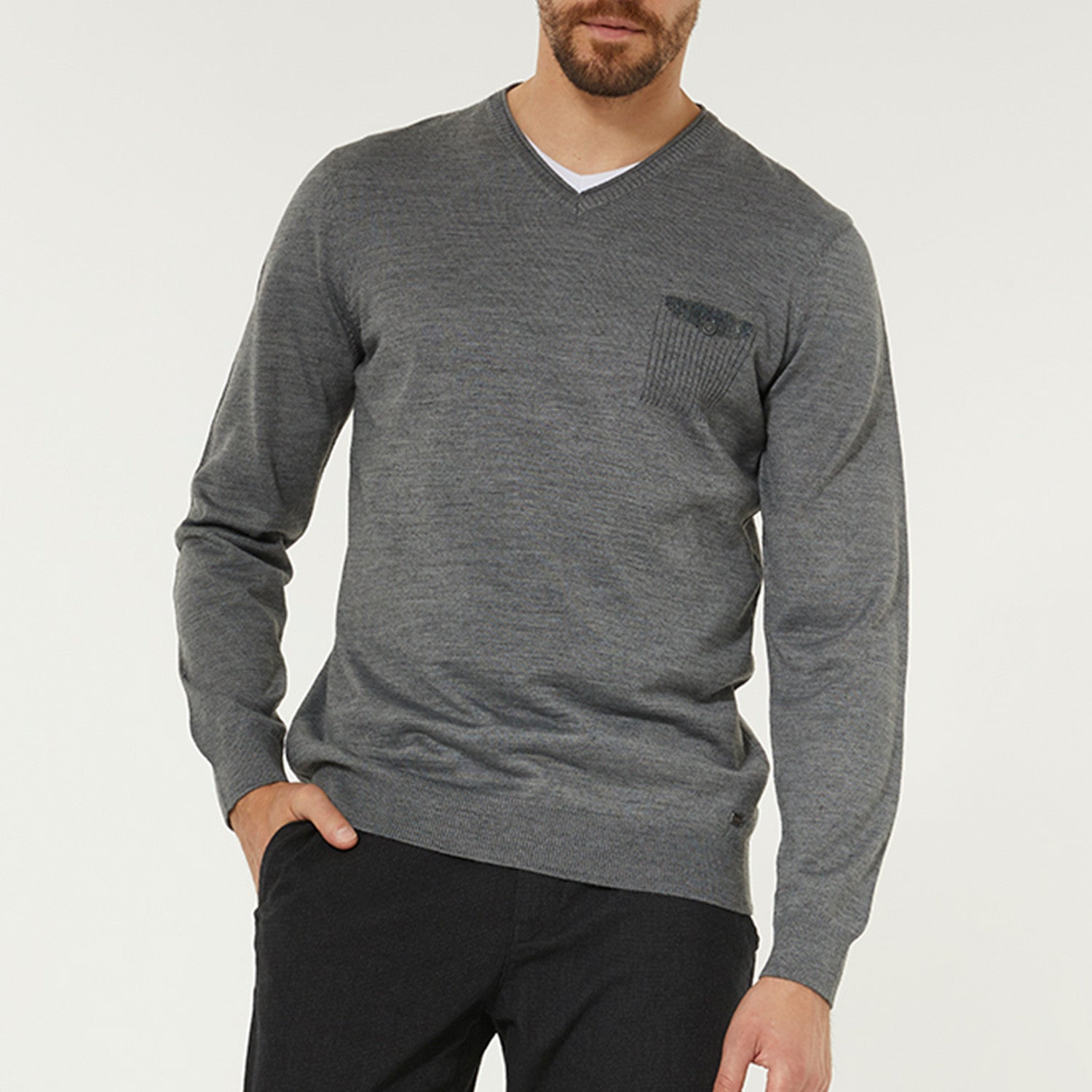 Wool Blend V-Neck Pocket Sweater // Gray