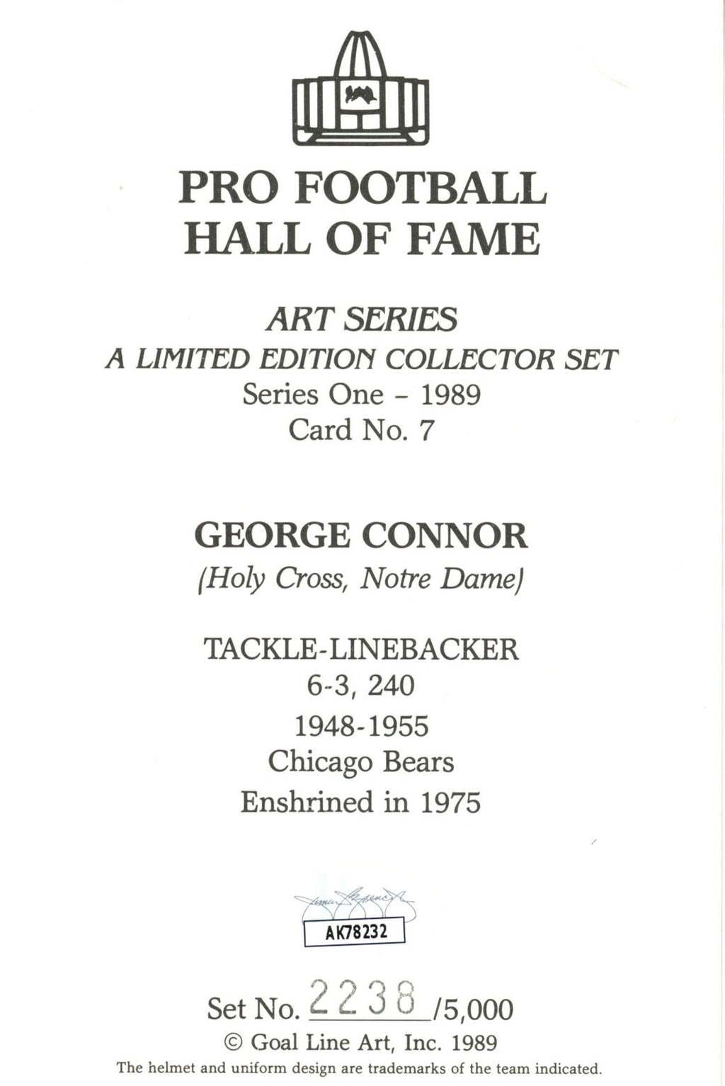 George Connor HOF Autographed Goal Line Art GLAC Postcard Bears JSA 180892