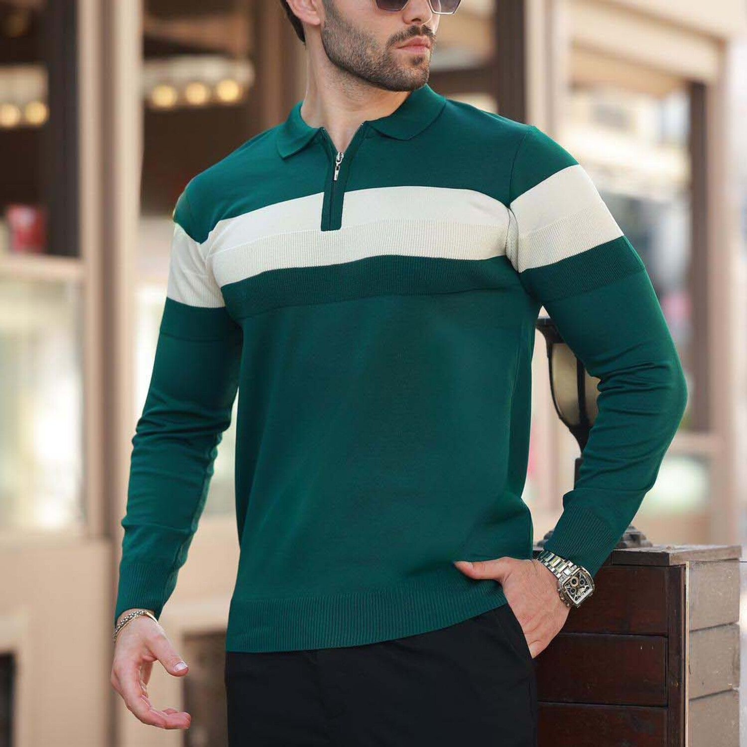 Chest Striped Quarter-Zip Polo Sweater // Green