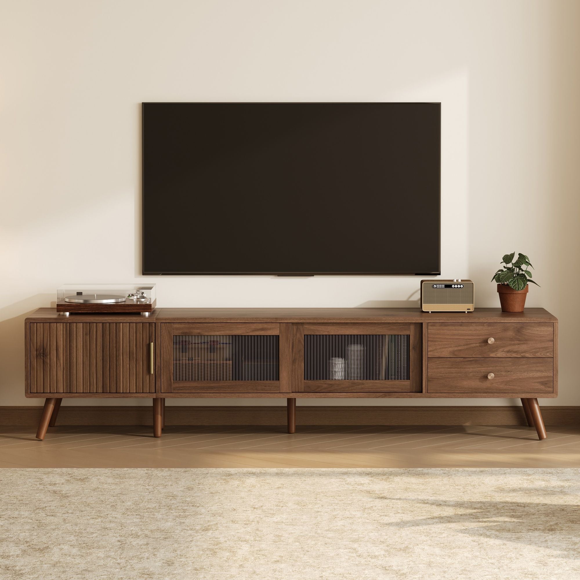 Doors TV Stand For TVs Up To 85", With Storage Cabinets - Natural