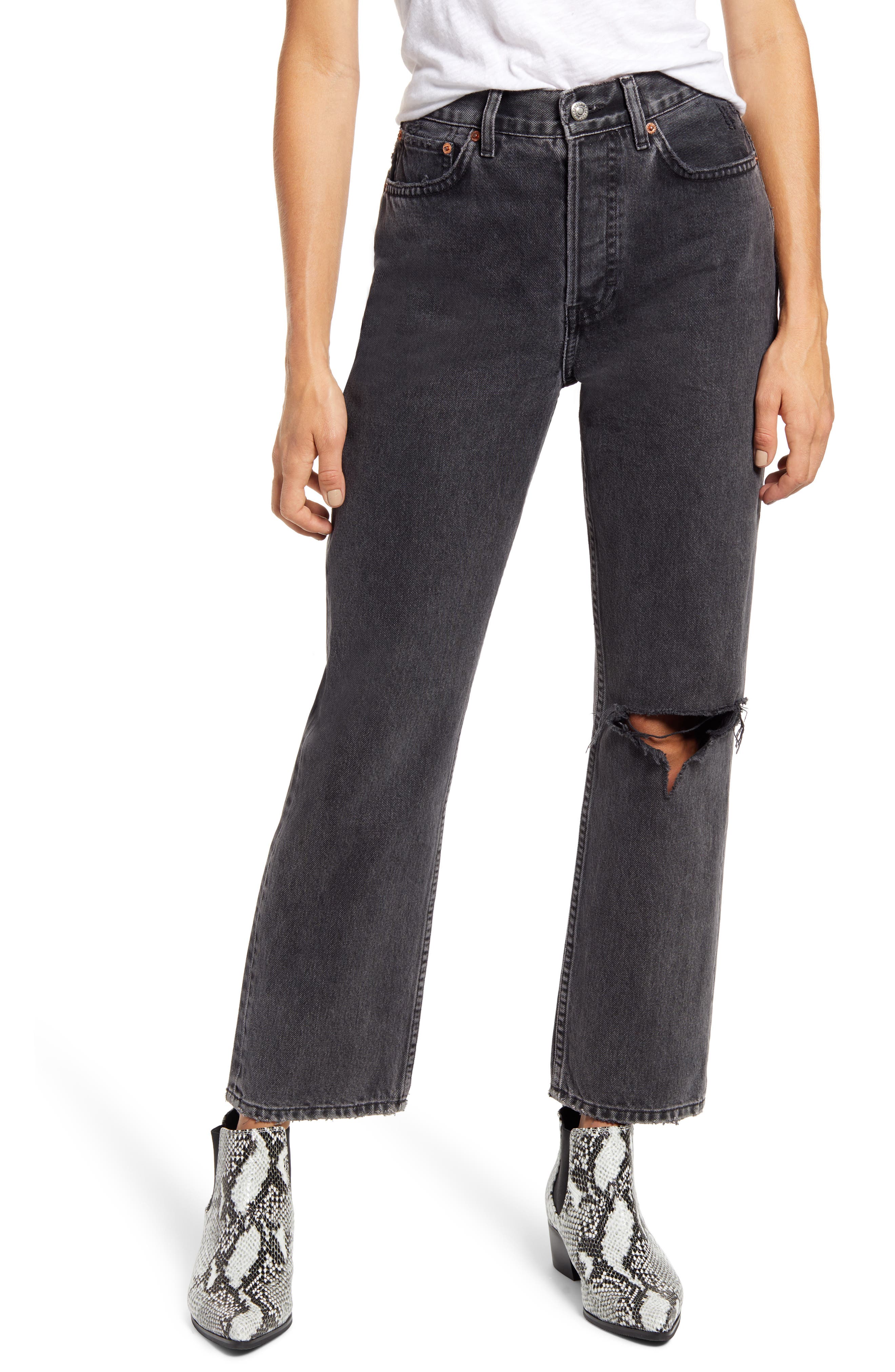 Women's Topshop Chicago Ripped Knee High Waist Dad Jeans, Size 29 - Black