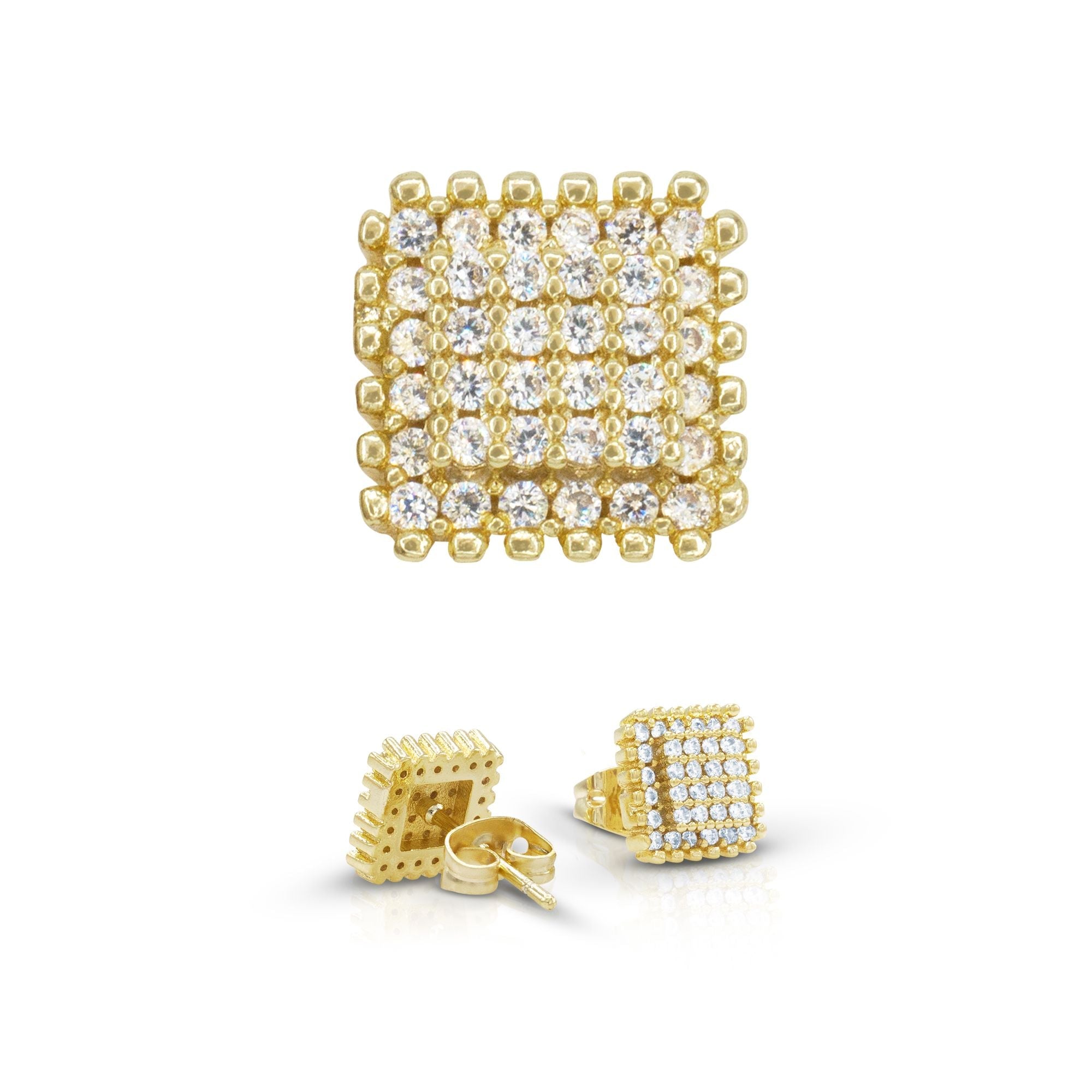 Square 2 Cubic Zirconia Earrings 14K Gold Filled Silver Hip Hop Studs Jewelry Women Men