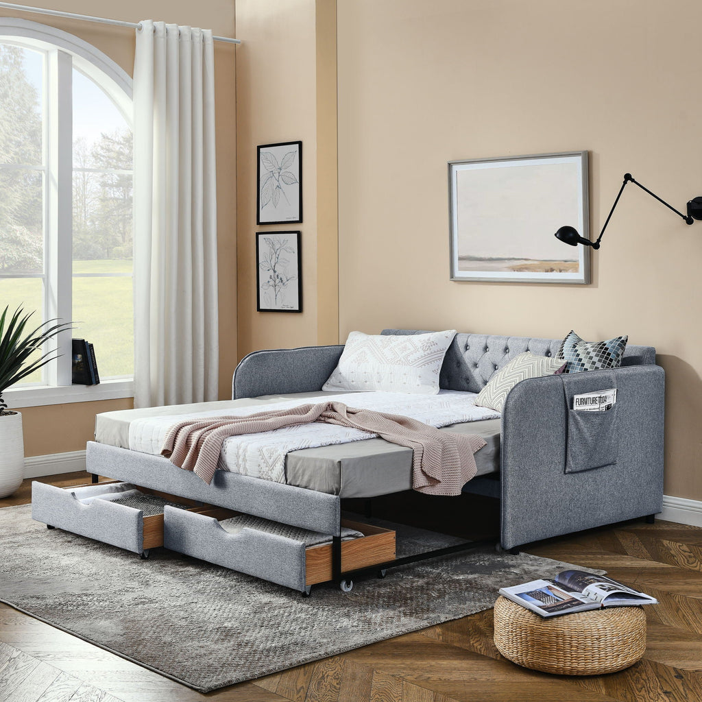 Daybed With Trundle And Storage Drawers, Flat Arms With Pocket