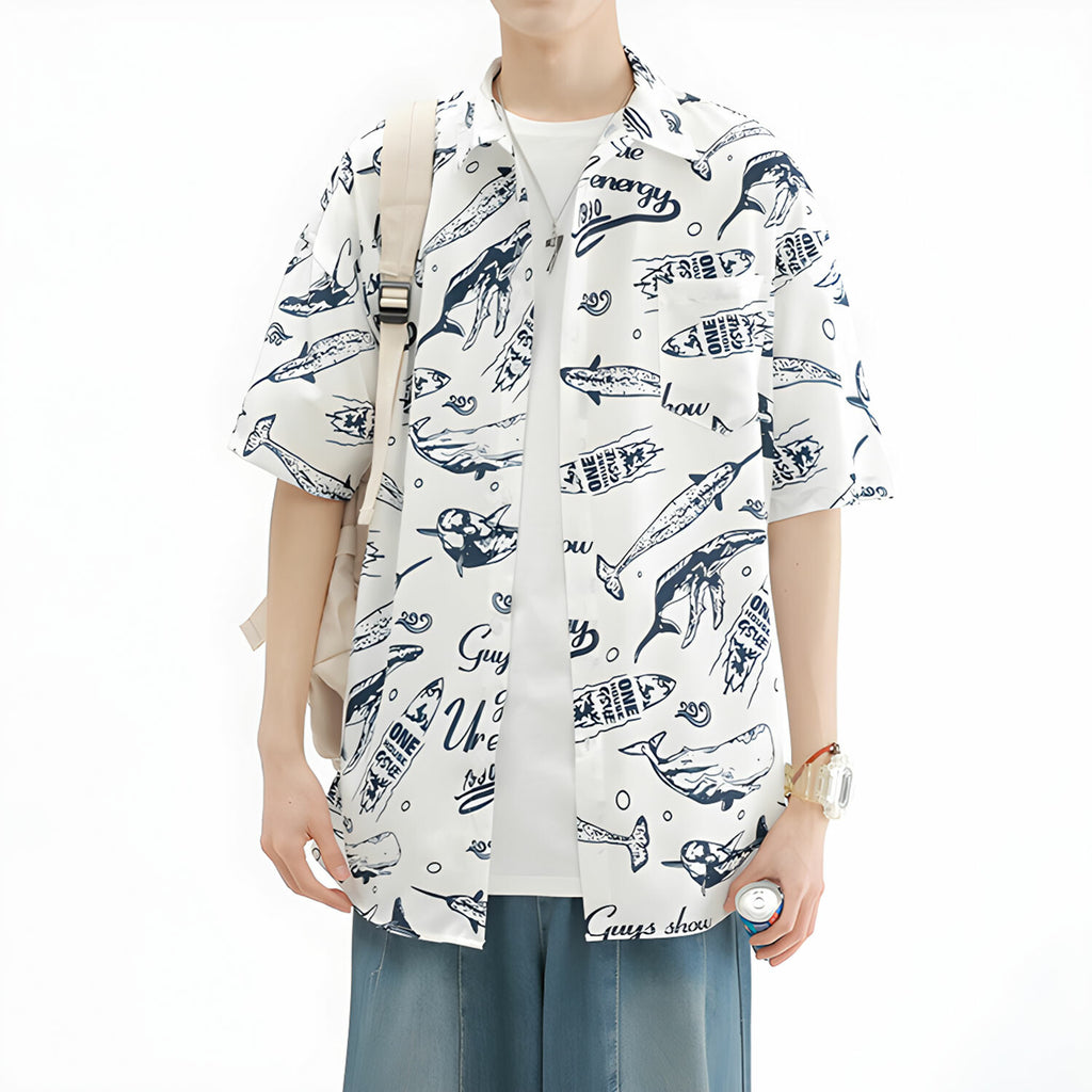 Whales Pattern Short-Sleeve Oversized Button-Up Shirt // White