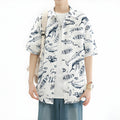 Whales Pattern Short-Sleeve Oversized Button-Up Shirt // White