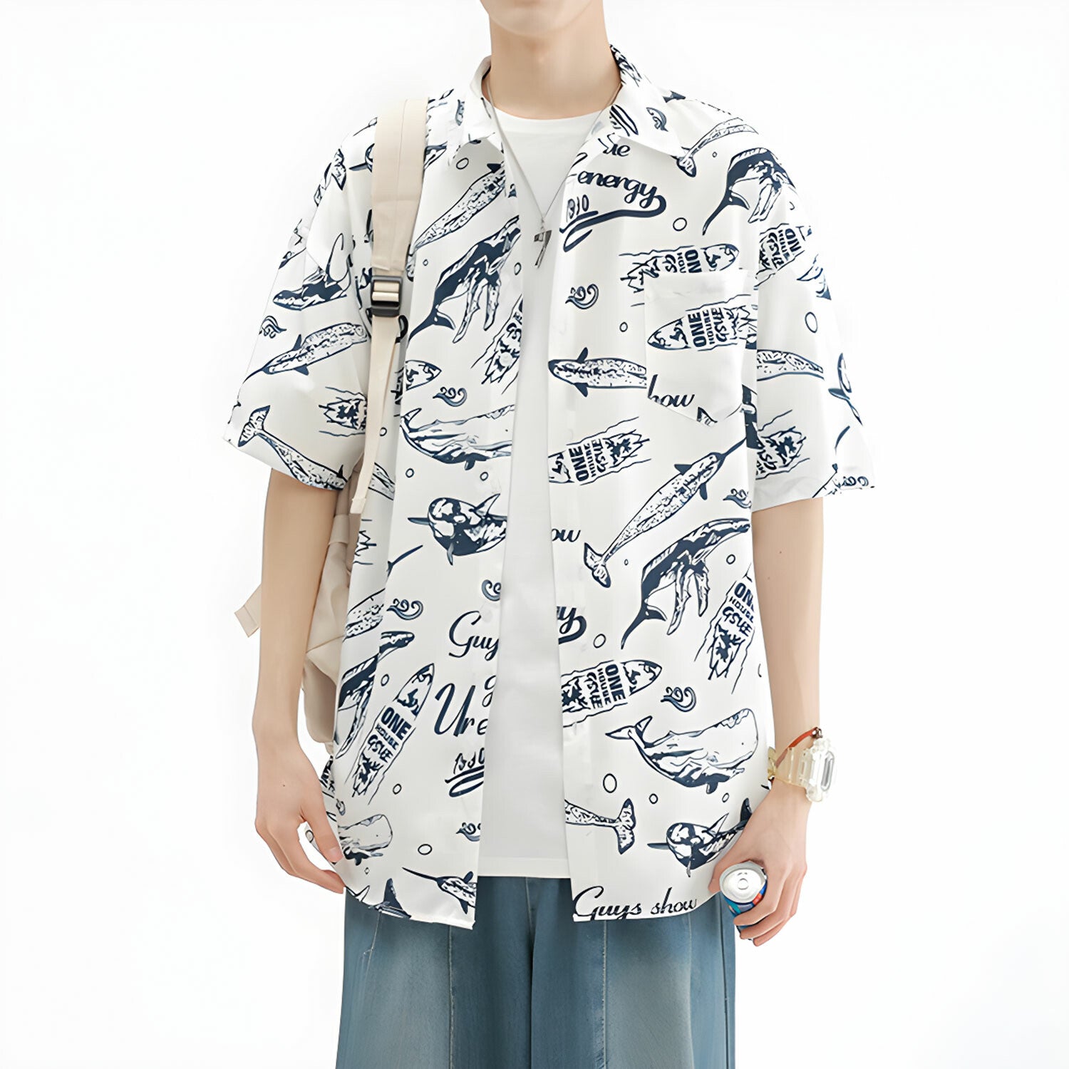 Whales Pattern Short-Sleeve Oversized Button-Up Shirt // White