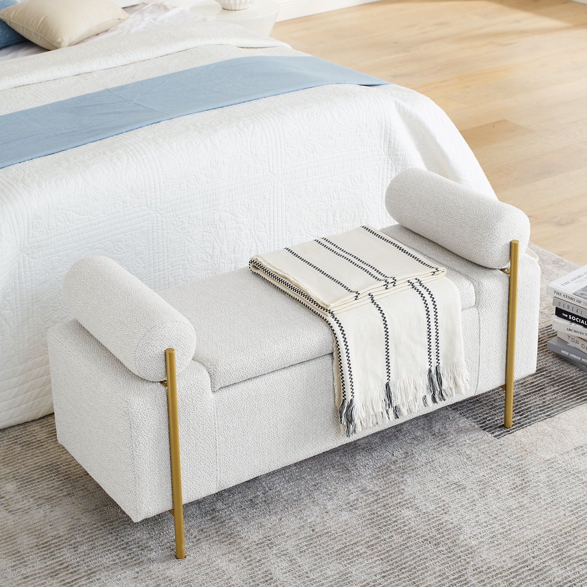 Elegant Upholstered Storage Bench With Cylindrical Arms And Iron Legs