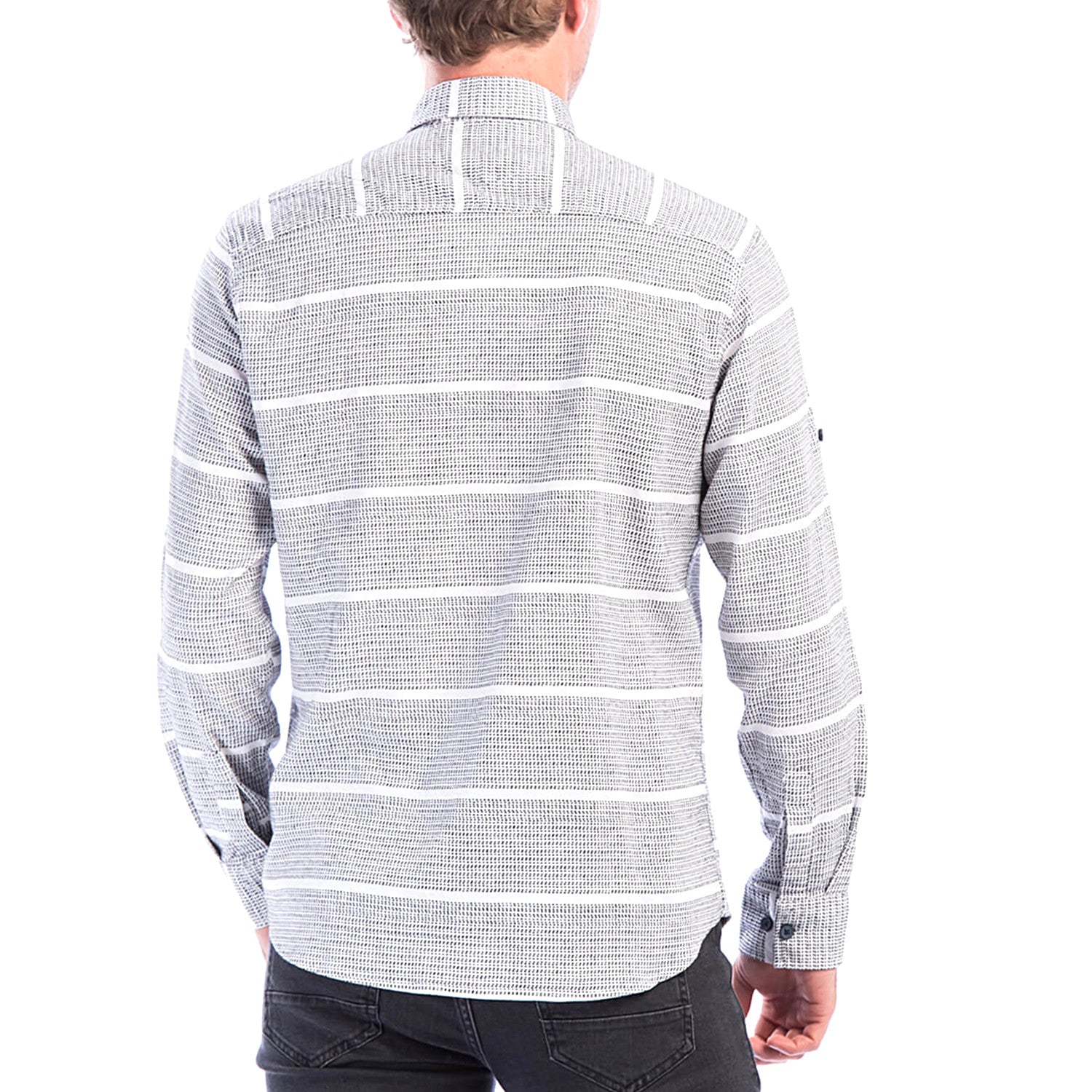 Horizontal Striped Pattern Long Sleeve Button-Up // Black