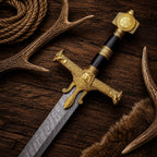 Sigil Sovereign Knight Sword – Damascus Blade Golden Crossguard Medieval Display