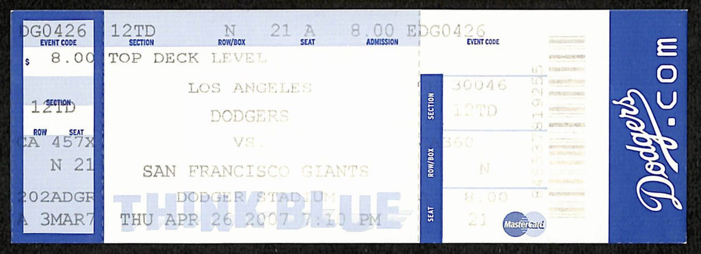 Barry Bonds Run Scored #2166 Breaks Rose NL Record Full Ticket Giants 4/26/2007