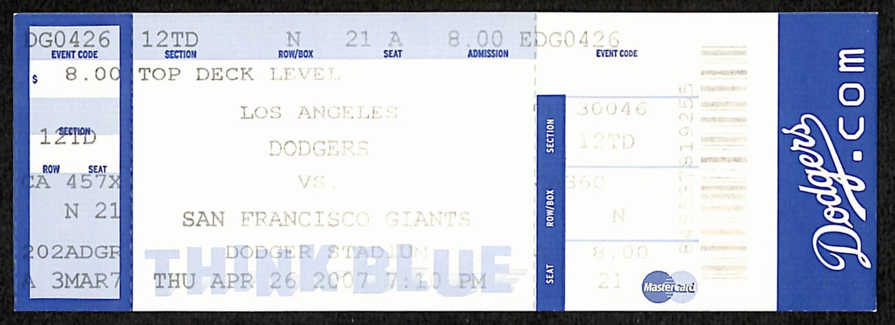 Barry Bonds Run Scored #2166 Breaks Rose NL Record Full Ticket Giants 4/26/2007