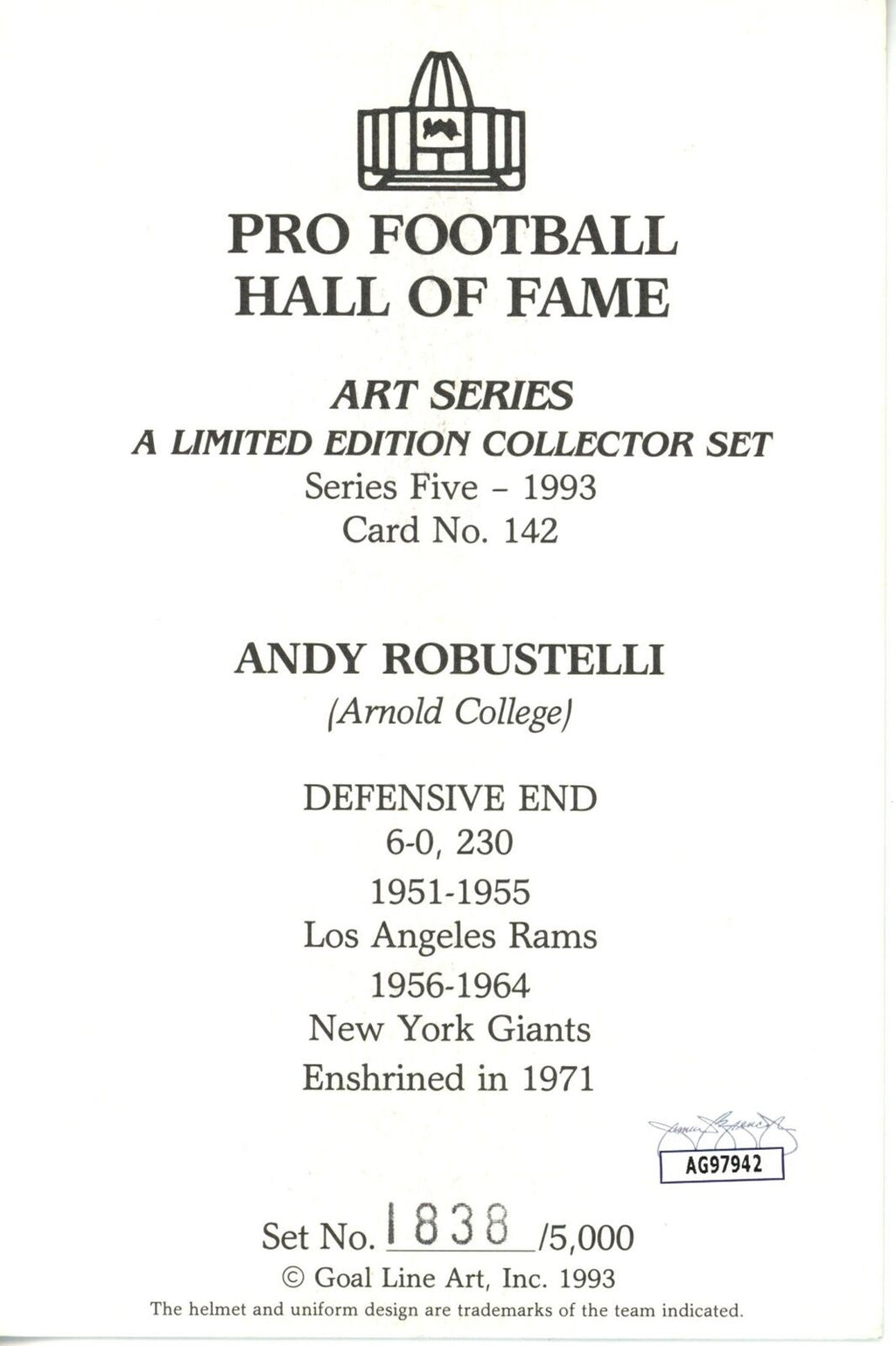Andy Robustelli HOF Autographed Goal Line Art GLAC Postcard Giants JSA