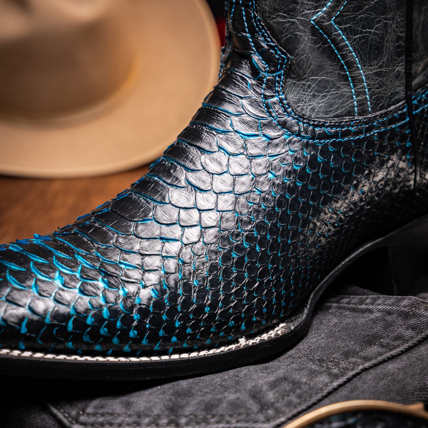Western Collection Missouri // Python Leather Cowboy Boot // Black + Blue