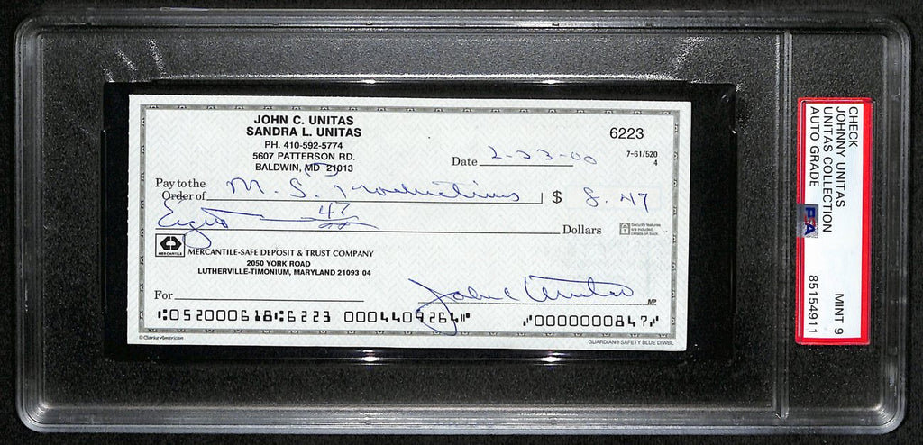 Johnny Unitas HOF Signed/Autographed 2000 Bank Check Colts PSA/DNA MINT 9 189576