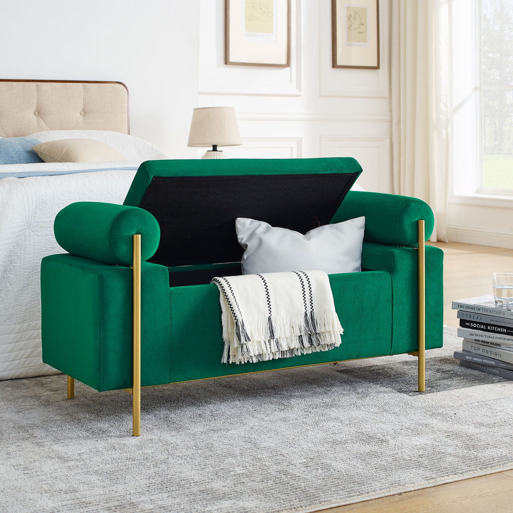 Elegant Upholstered Storage Bench With Cylindrical Arms And Iron Legs
