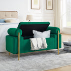 Elegant Upholstered Storage Bench With Cylindrical Arms And Iron Legs