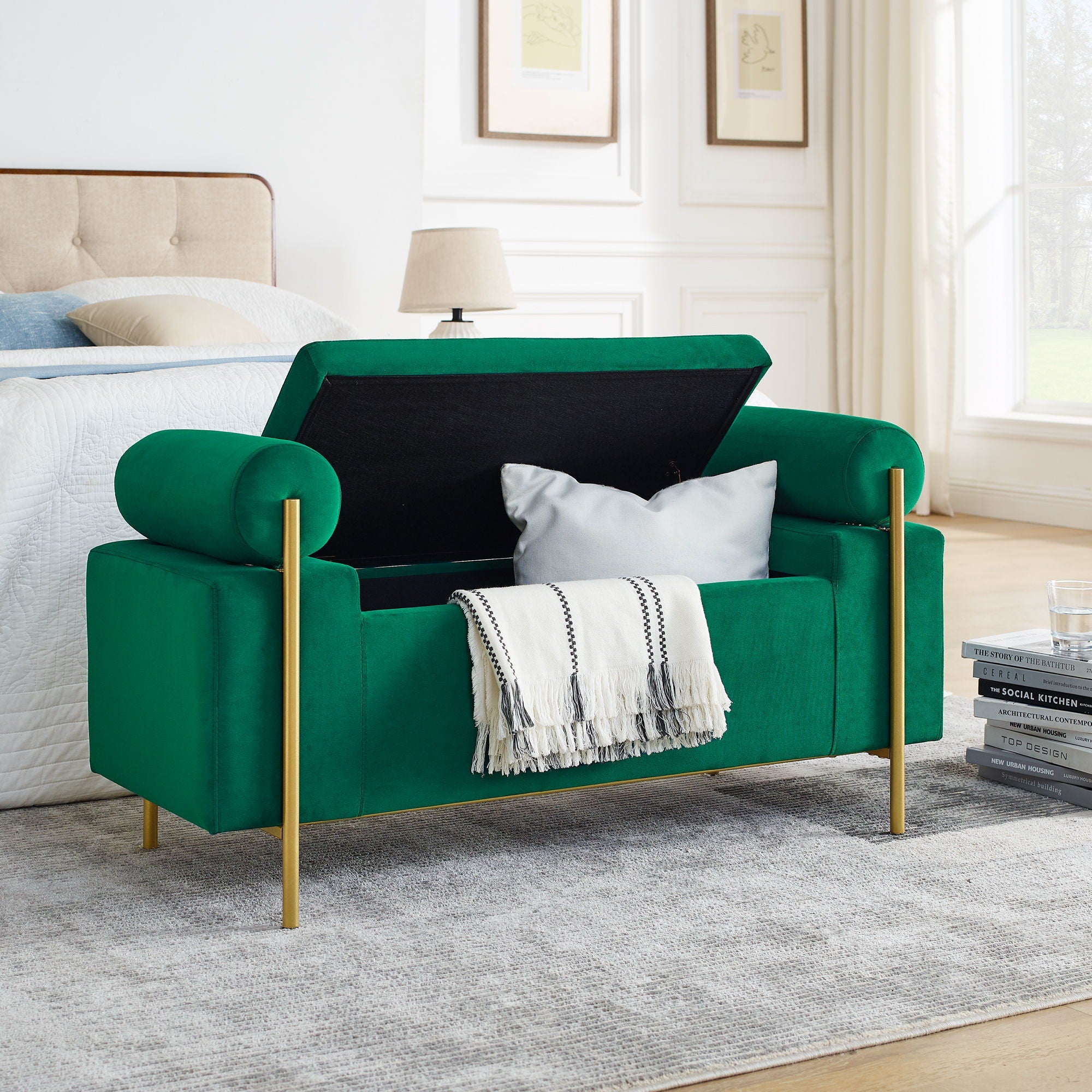 Elegant Upholstered Storage Bench With Cylindrical Arms And Iron Legs