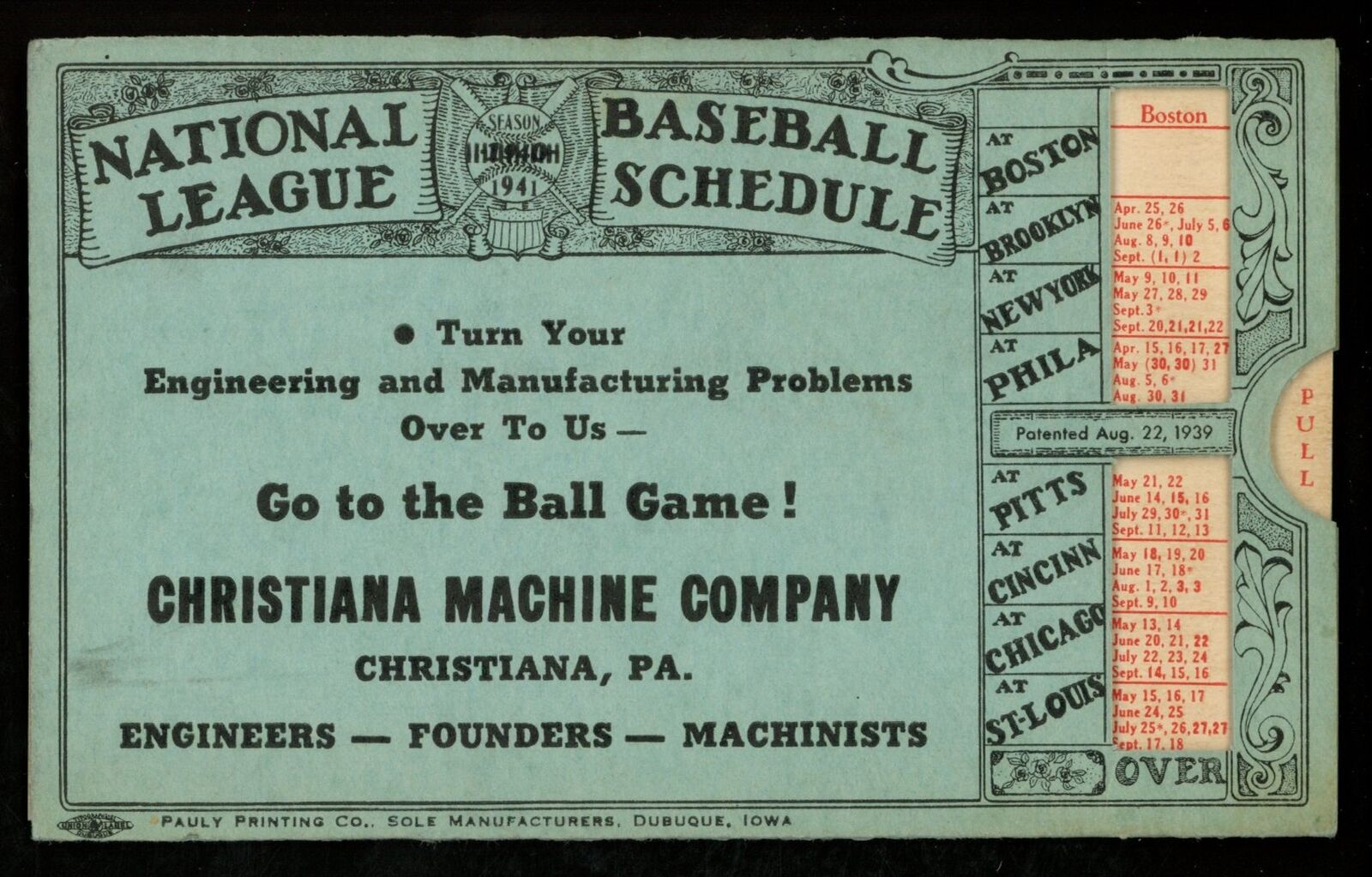 MLB 1941 National/American Baseball Leagues 3x5 Slide Pocket Schedule
