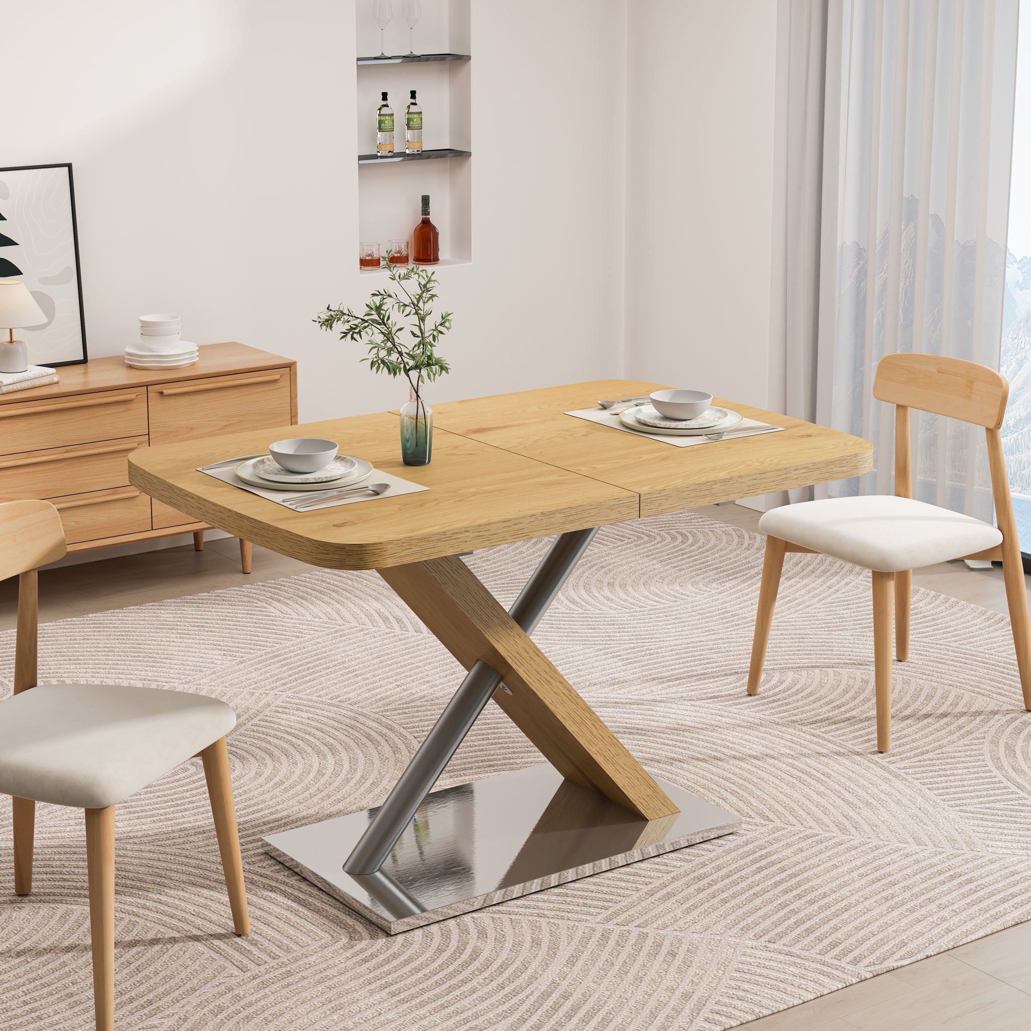 Retractable Square Dining Table, Seating 4 - 6 People - Natural
