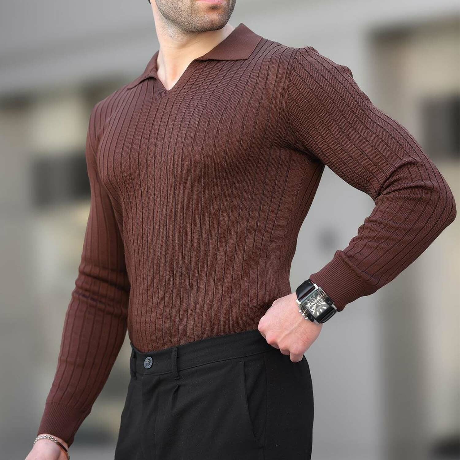 V-Neck Rib Knit Polo Sweater // Brown