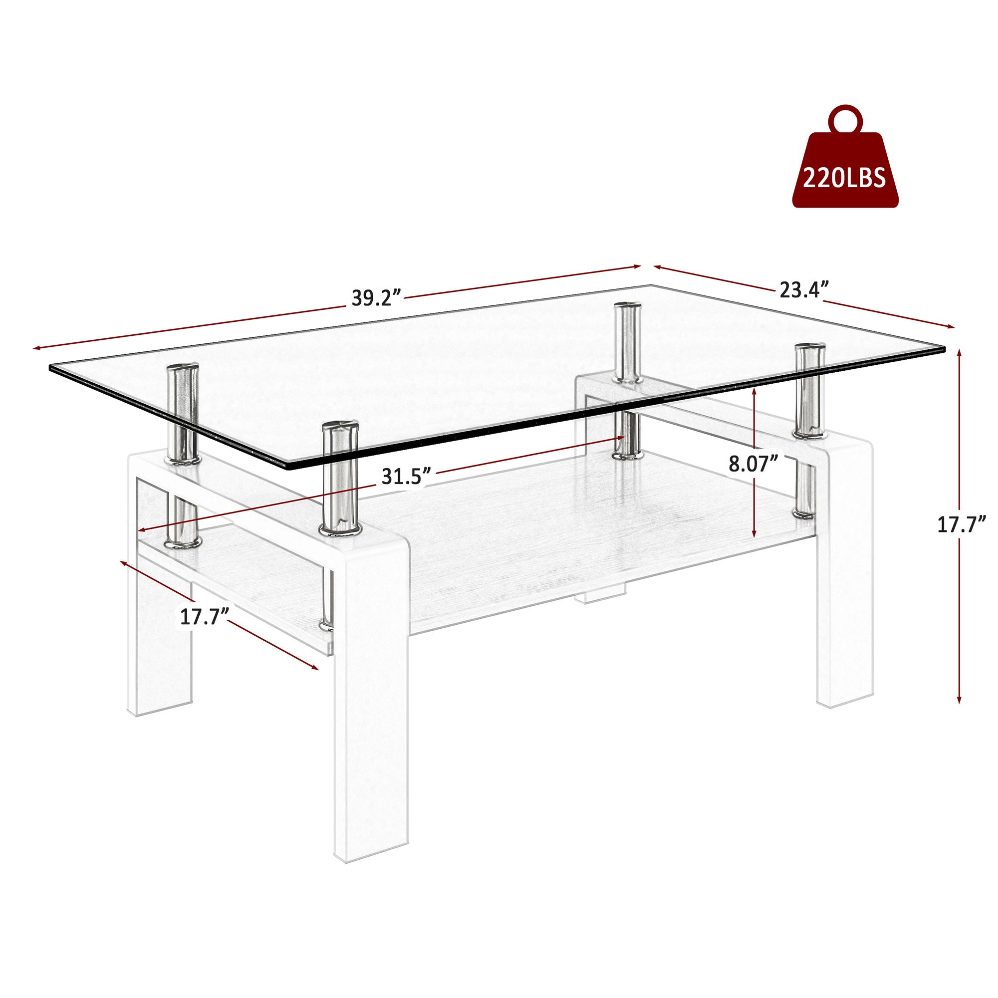 Modern Rectangular Coffee Table With Tempered Transparent