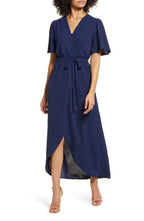 Fraiche by J Flutter Sleeve Faux Wrap Maxi Dress in Navy, Size Large