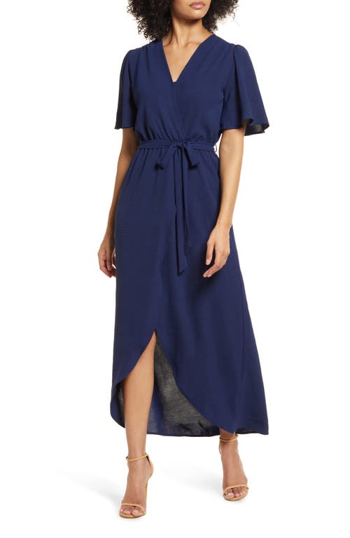 Fraiche by J Flutter Sleeve Faux Wrap Maxi Dress in Navy, Size Large