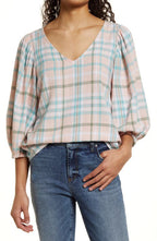 Balloon Sleeve Linen Blend V-Neck Top - X Large
