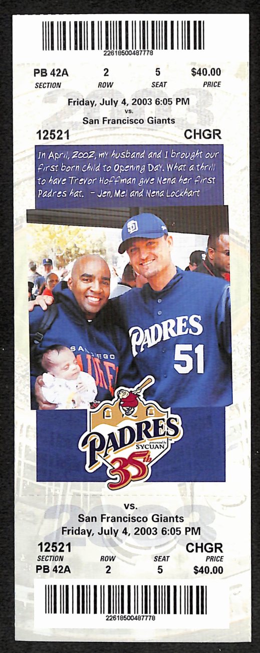 Barry Bonds HR #638 Walk #2000 Full Ticket Giants vs Padres 7/4/2003 187559