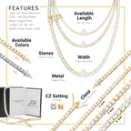 14K Gold Plated Tennis Chain Cubic Zirconia Necklace For Women 18" 20" 24"