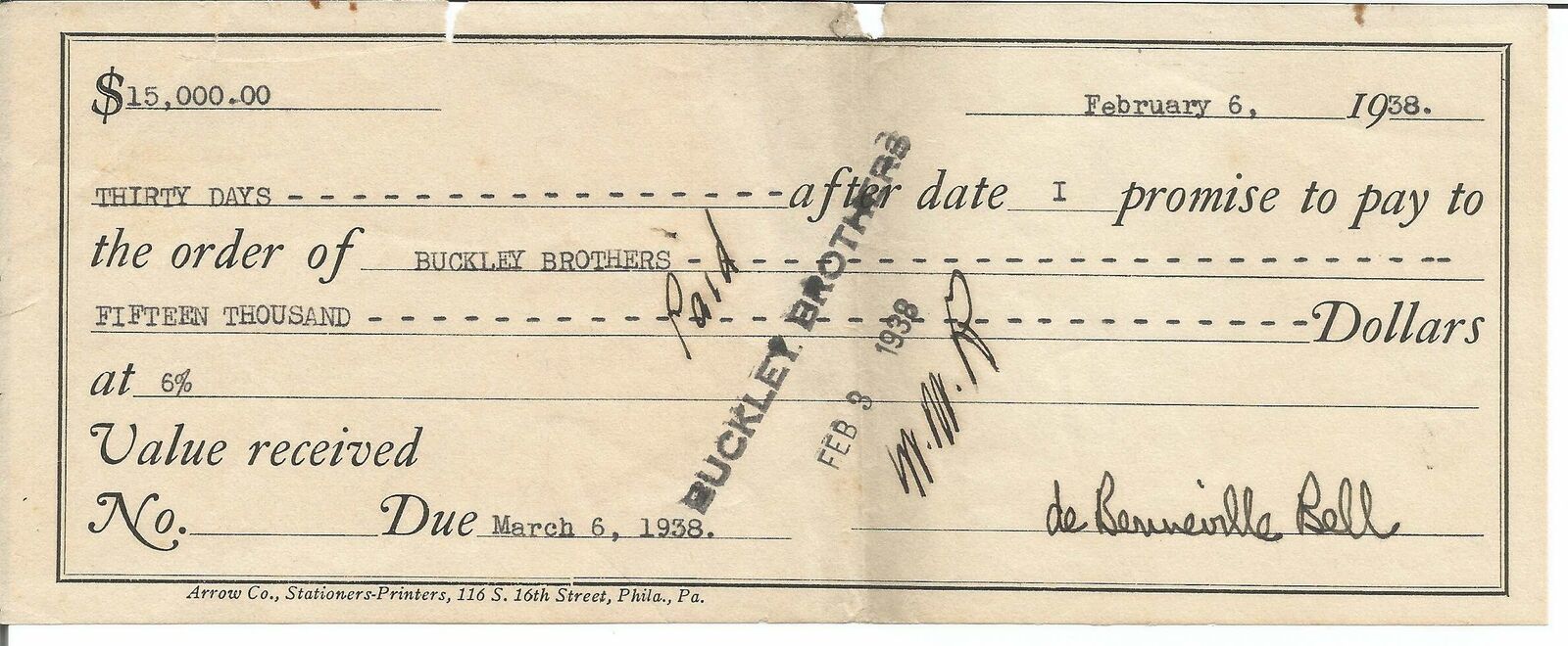 Bert Bell Signed/Autographed Philadelphia Eagles 1938 Bank Check 150301