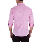 Linen Texture Contrast Cuff Long Sleeve Button-Up Shirt // Pink