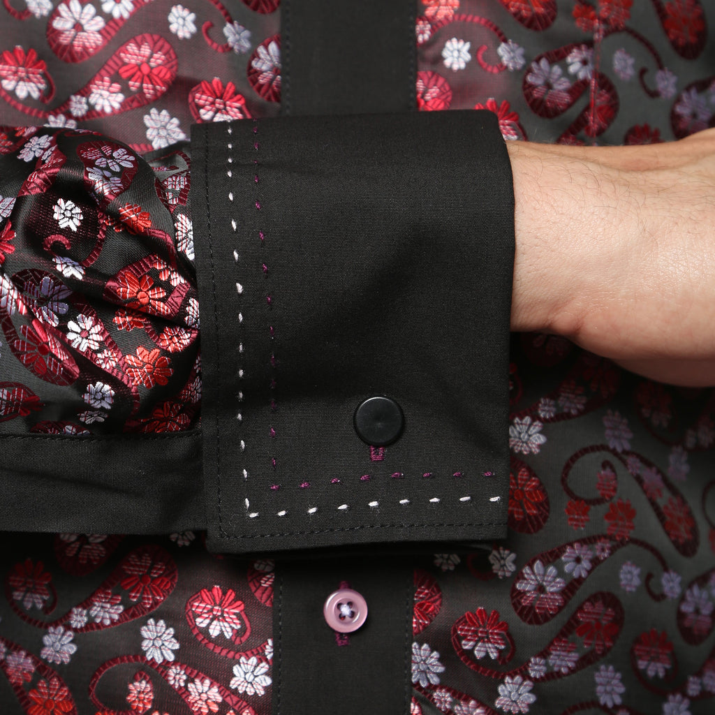 Men's Red & Black Floral Satin Dress Shirt – High Collar, French Cuff | Ferrecci Hi-1001